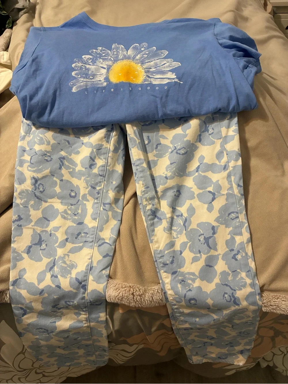 J. Crew Light Blue Floral Jeans and Life’s Good T-shirt Large